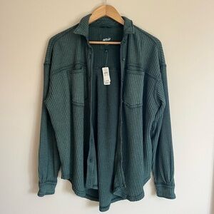 Aerie Anytime Fave Waffle Button Down Shirt Shacket Mystical Green NWT XXS